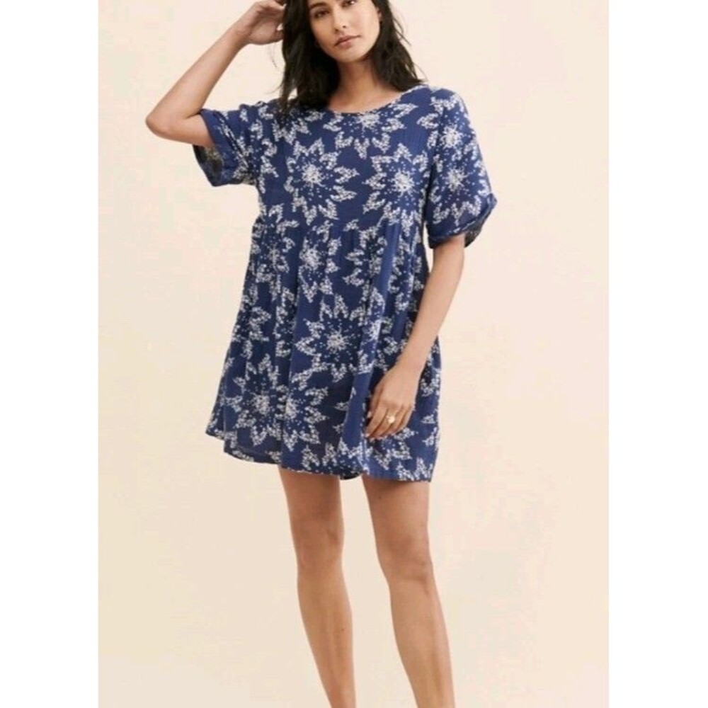 Free People Belezza Printed Babydoll Dress Sz XL Crinkled Blue Scoop Neck Boho